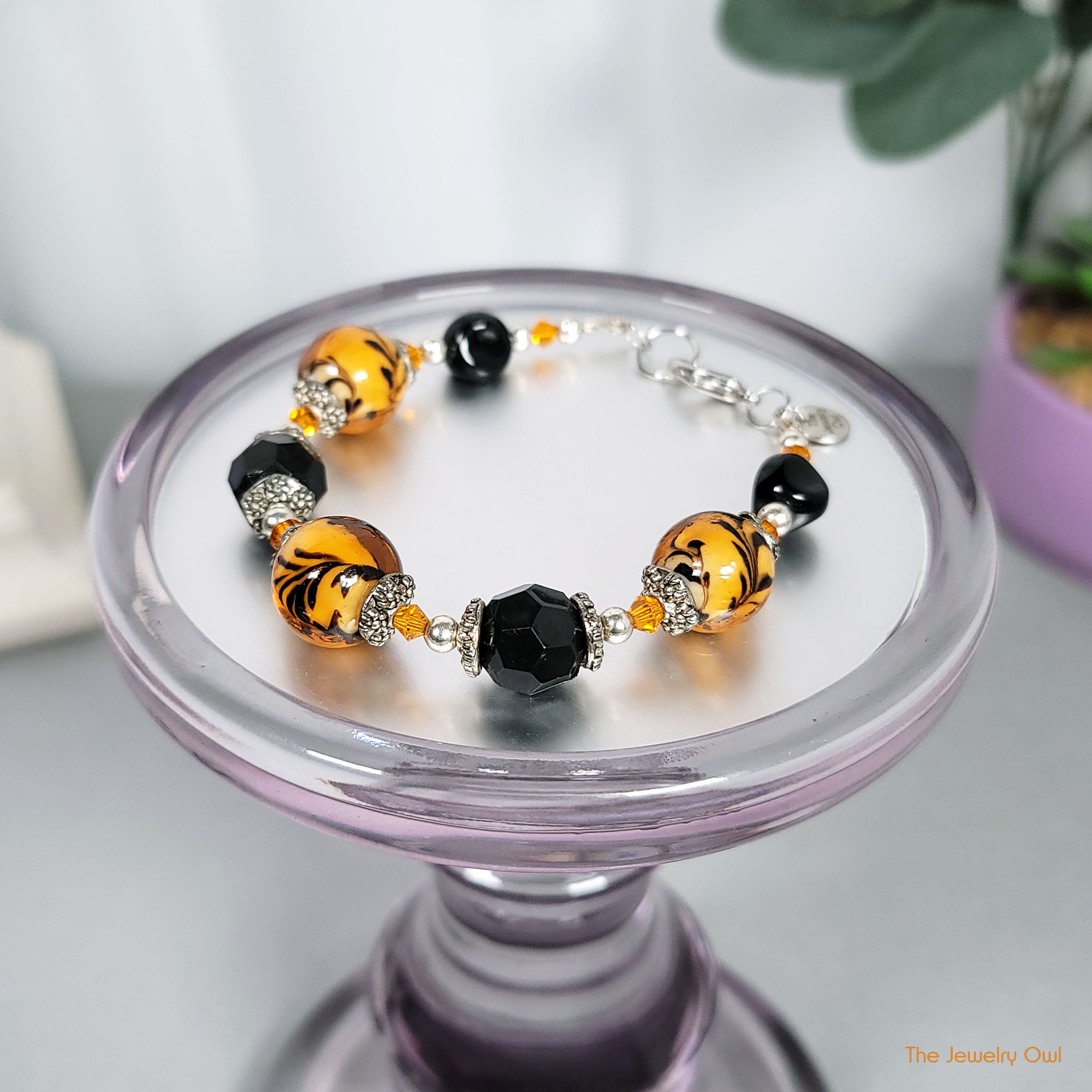 Orange and Black Chunky Boho Glass Beaded Bracelet by The Jewelry Owl (thejewelryowl)