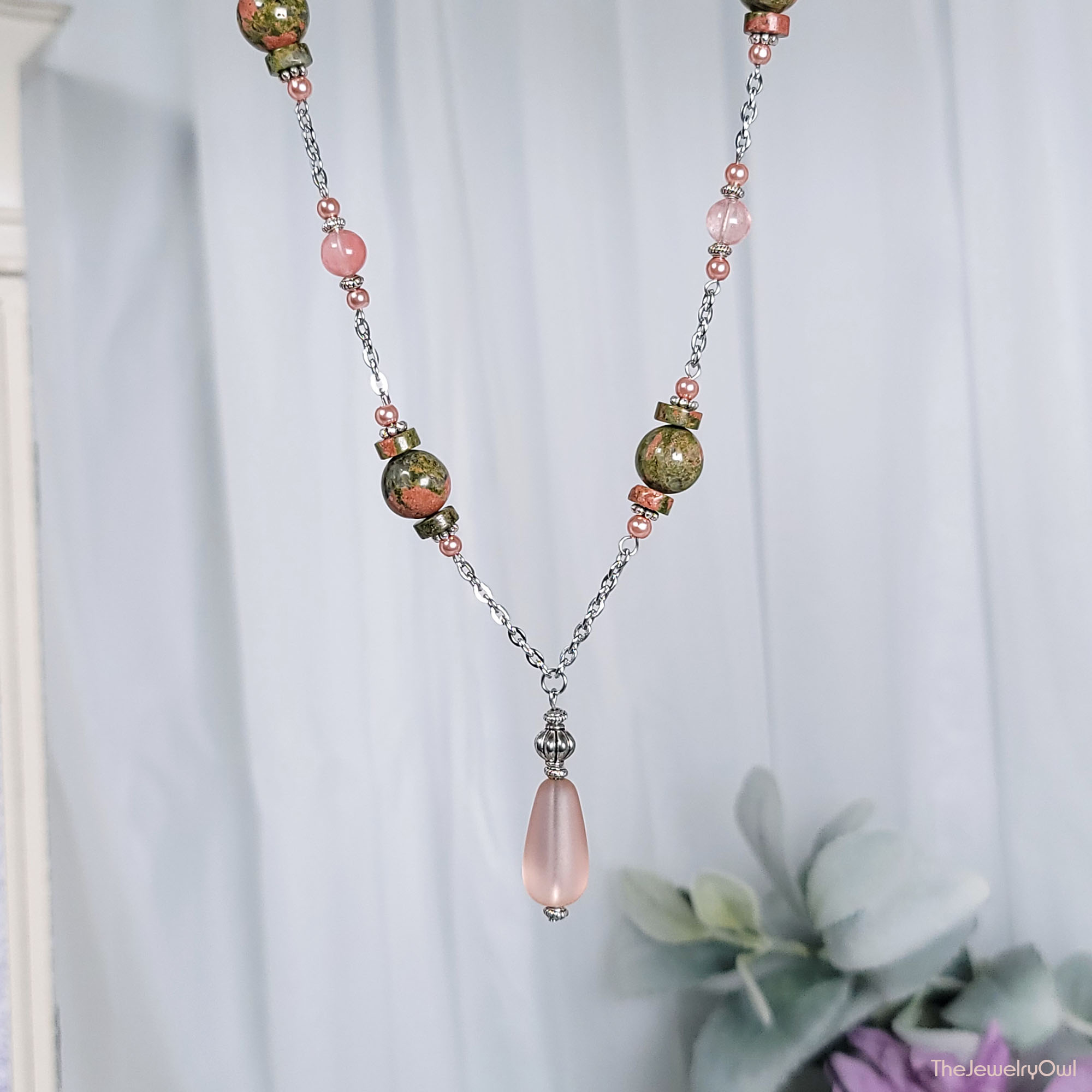 Unakite Pink Teardrop Pendant Necklace by The Jewelry Owl (thejewelryowl)