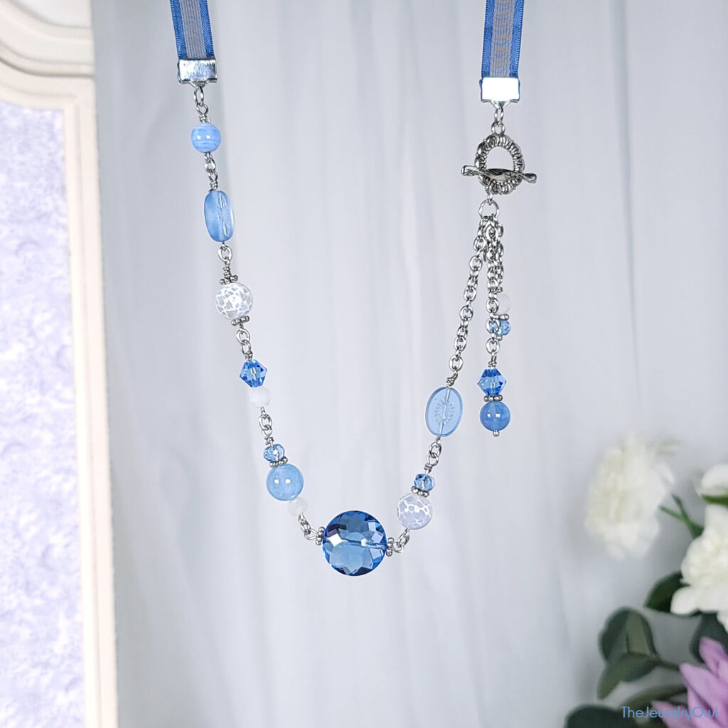 Blue Fire Agate Ribbon Necklace with Bead Dangle by The Jewelry Owl (thejewelryowl)