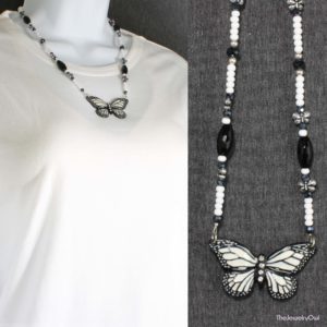 104-1-Black and White Beaded Butterfly Necklace
