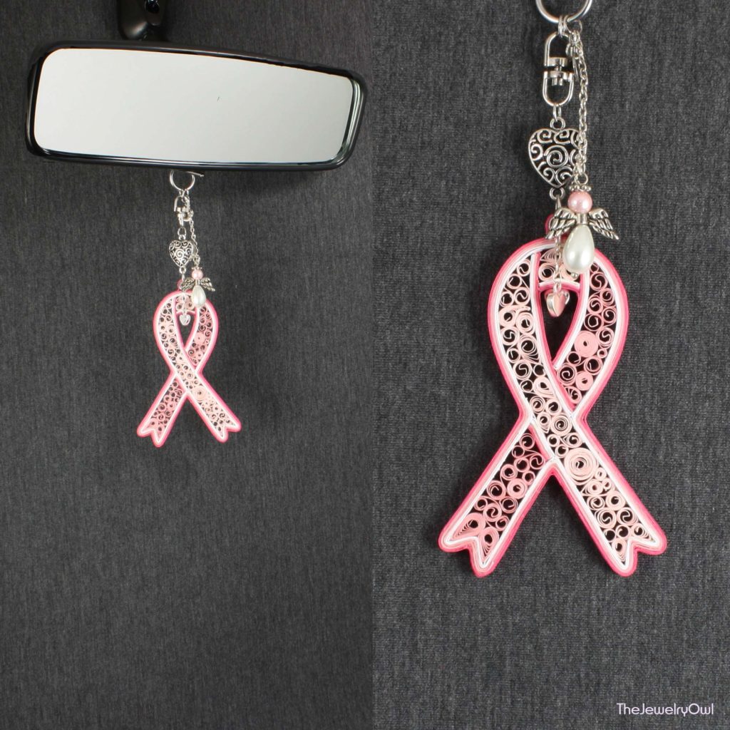 185-1- Pink Quilling Art - Breast Cancer Ribbon Car Mirror Charm