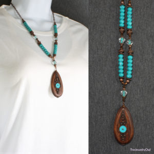 257-1-Turquoise and Brown Wood Necklace