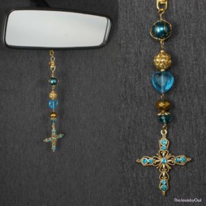 378-1 Teal Blue and Gold Crucifix Rear View Mirror Charm
