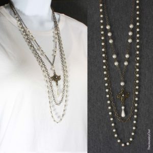 49-1-Multistrand Antique Gold and Pearl Drop Chain Necklace