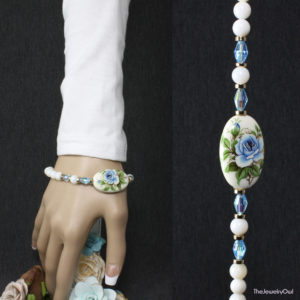 506-1-White and Blue Rose Tensha Stretch Bracelet
