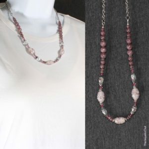 515-1-Pink Tourmaline and Amethyst Necklace - Stainless Steel Chain