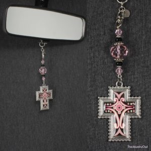 528-1 Pink Black Silver Crucifix Car Mirror Charm