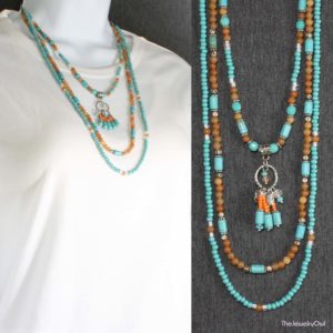 545-1-Turquoise Orange Multi Strand Beaded Necklace