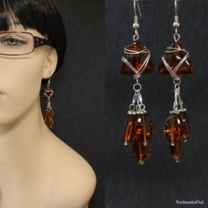 E074-1-Amber Brown Wire Wrapped Earrings
