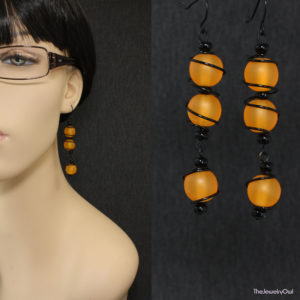 E076-1-Orange Wire Wrapped Earrings