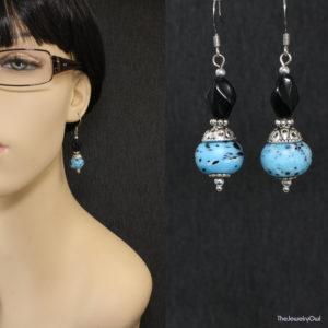 E086-1-Blue and Black Dangle Beaded Earrings