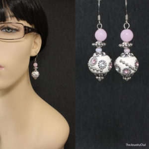 E094-1 Pink Silver and White Dangle Earrings
