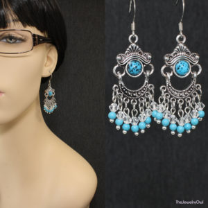 E107-1-Silver Turquoise Chandelier Earrings