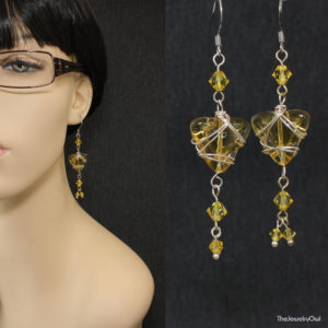 E218-1-Yellow Wire Wrapped Resin Earrings