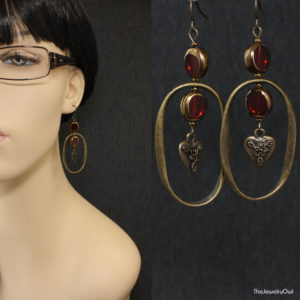 E279-1-Ruby Red and Antique Brass Earrings