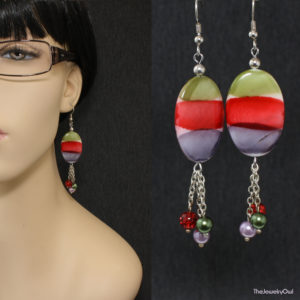 E306-1-Long Green Red Purple Earrings_