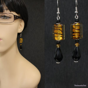 E312-1-Silver Foil Amber with Stripes and Black Teardrop Danlge Earrings