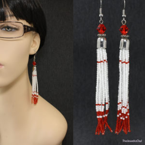 E388-1-Long Red and White Tassel Earrings