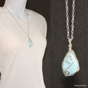 160-1 Blue Calcite Wire Wrapped Pendant Necklace