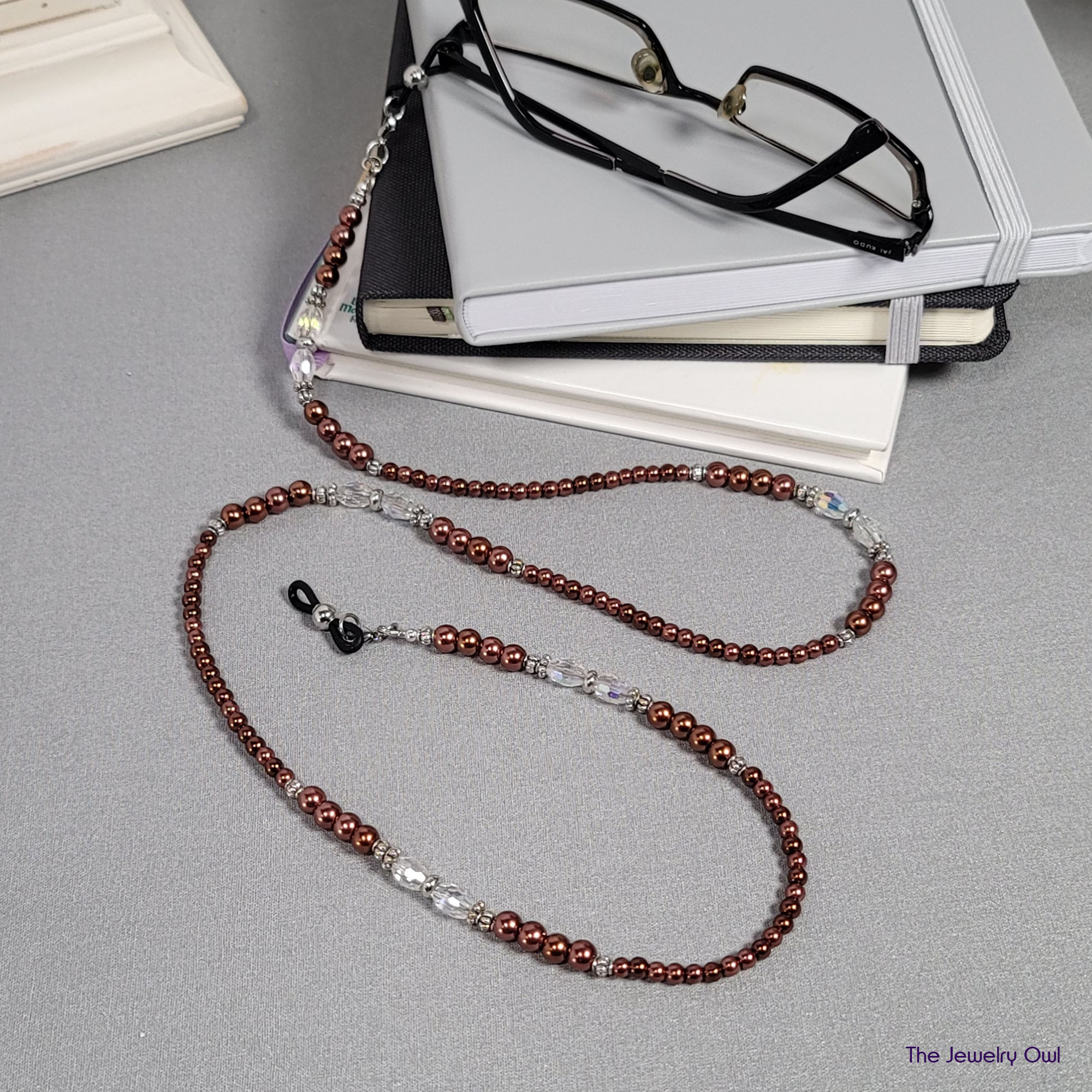Rose Copper Pearl and Clear Beaded Eyeglass Chain by The Jewelry Owl (thejewelryowl)