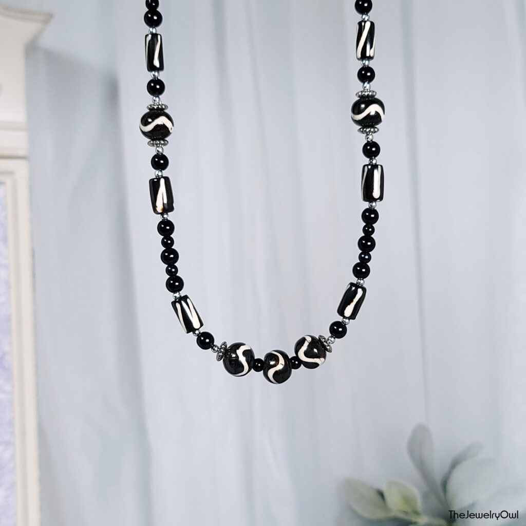 Black Batik Bone Bead Necklace by The Jewelry Owl (thejewelryowl)