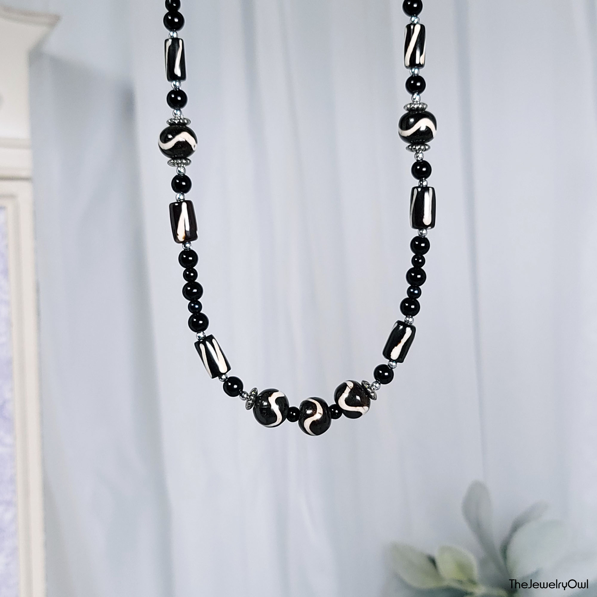 Black Batik Bone Bead Necklace by The Jewelry Owl (thejewelryowl)