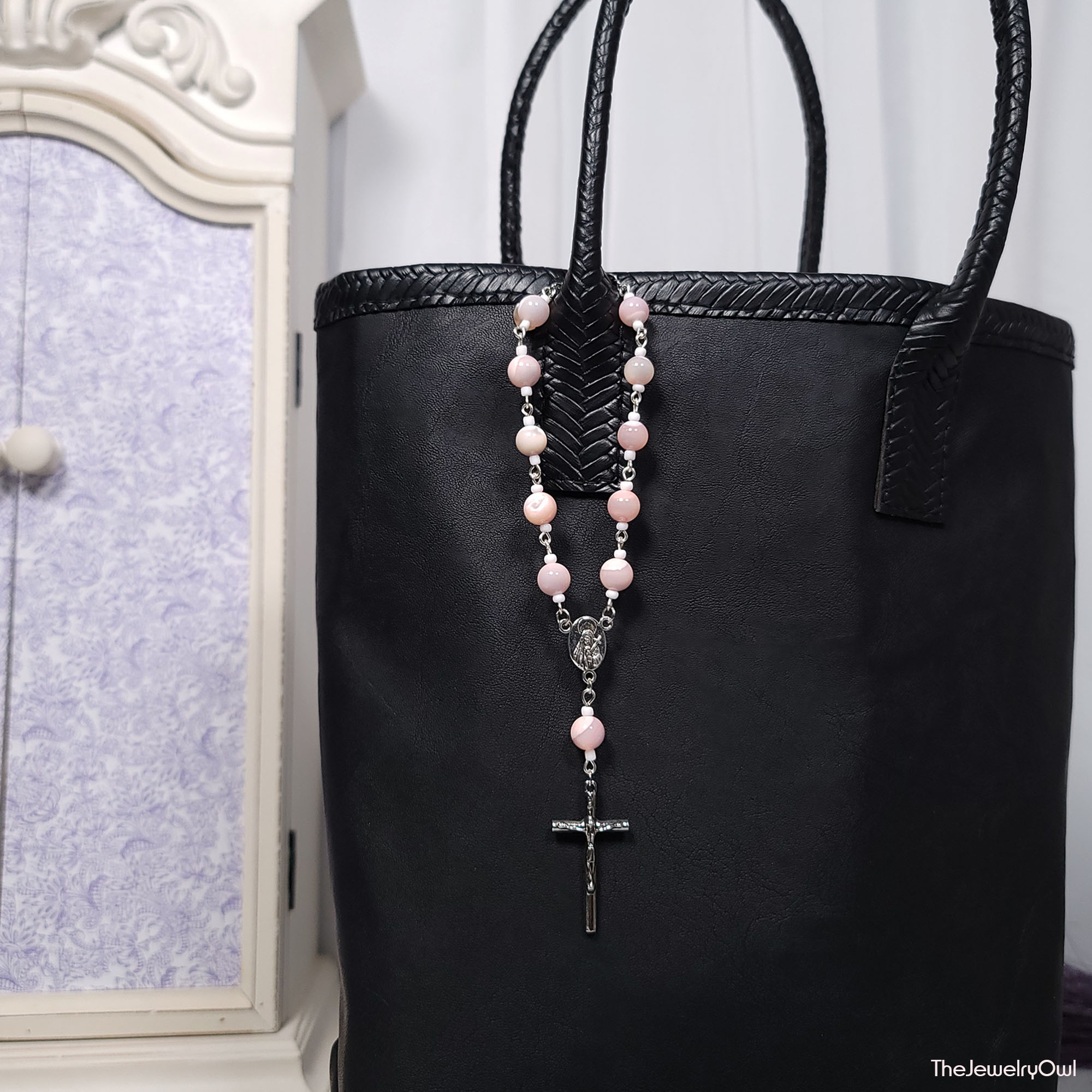 Pink Mother of Pearl Rosary Purse Charm by The Jewelry Owl (thejewelryowl)