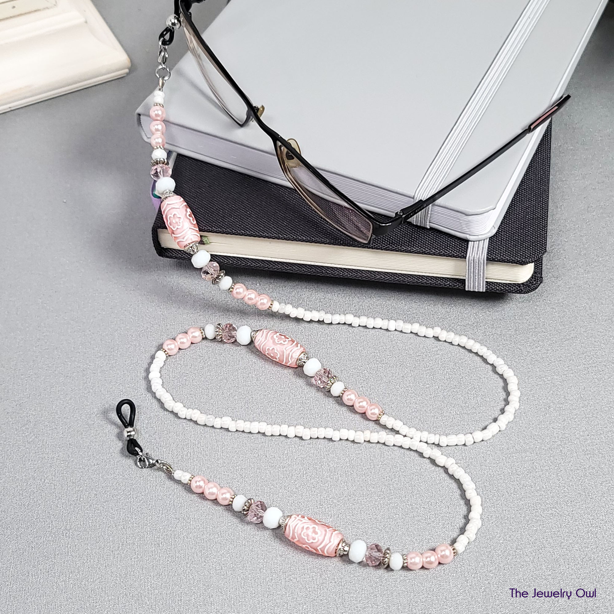 White and Pink Beaded Eyeglass Chain by The Jewelry Owl (thejewelryowl)