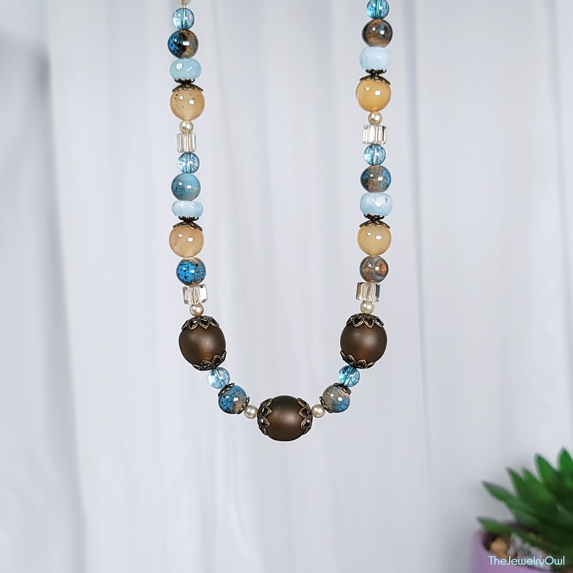 Sandy Beach Taupe and Blue Beaded Necklace by The Jewelry Owl (thejewelryowl)