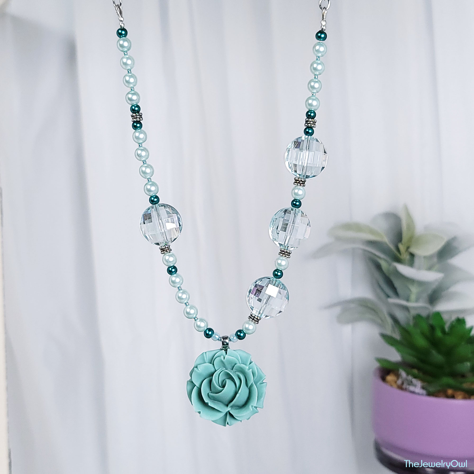 Dusty Seafoam Rose Pendant Necklace by The Jewelry Owl (thejewelryowl)