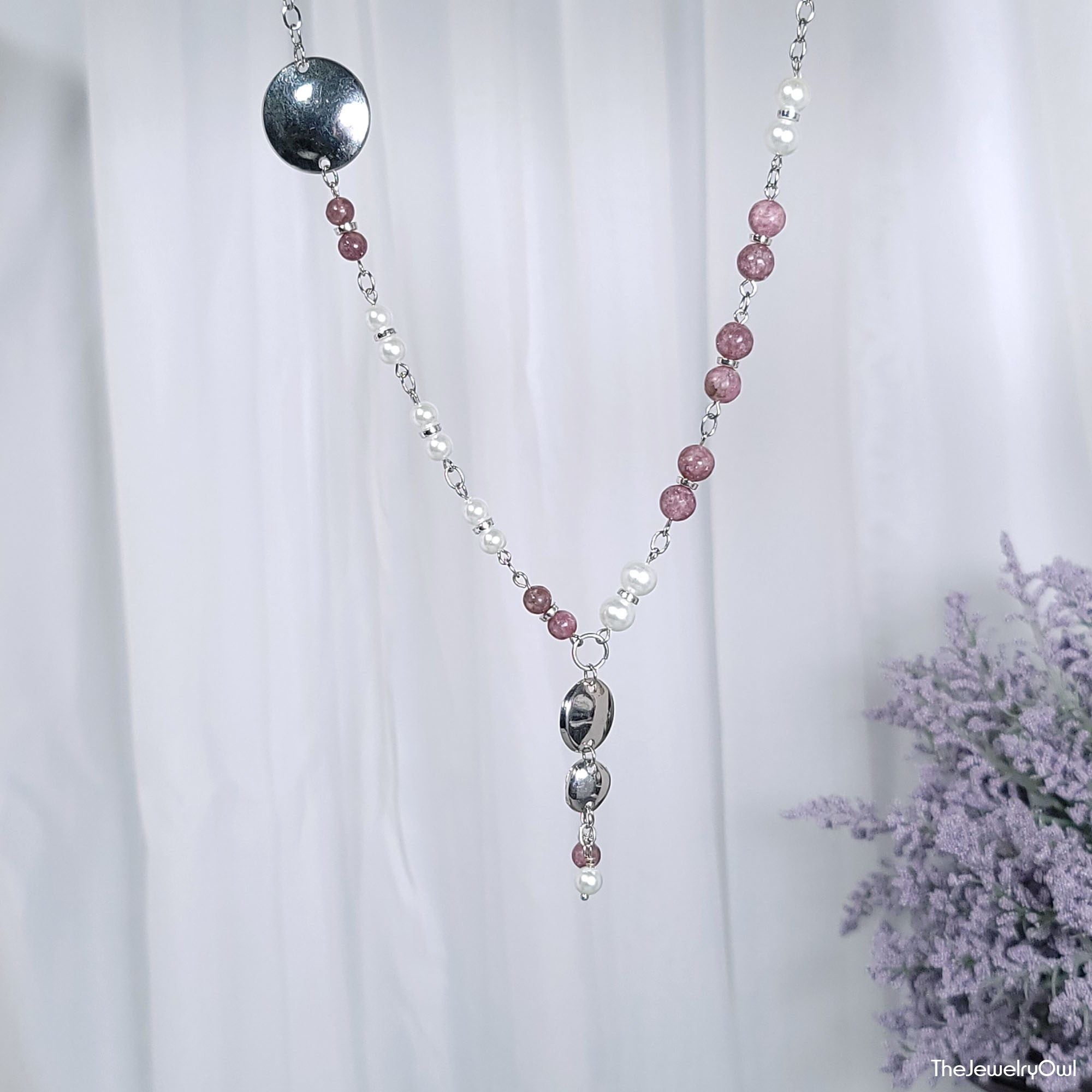 (PT-Col) - Pink Tourmaline and White Pearl Necklace by The Jewelry Owl (thejewelryowl)