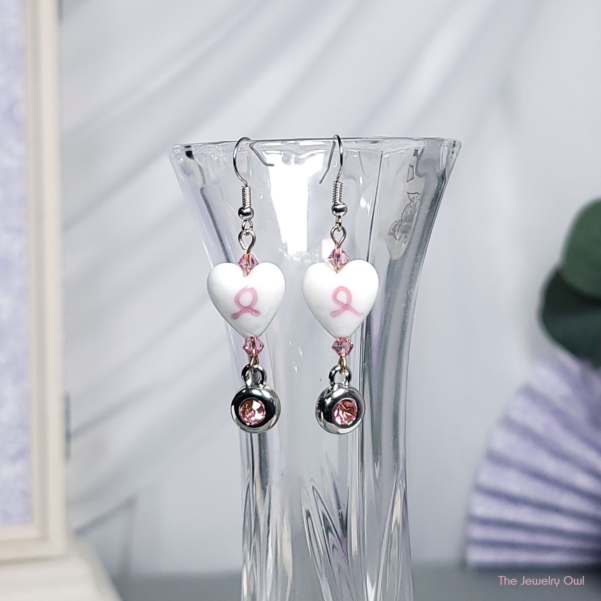 Breast Cancer Heart Earrings by The Jewelry Owl (thejewelryowl)