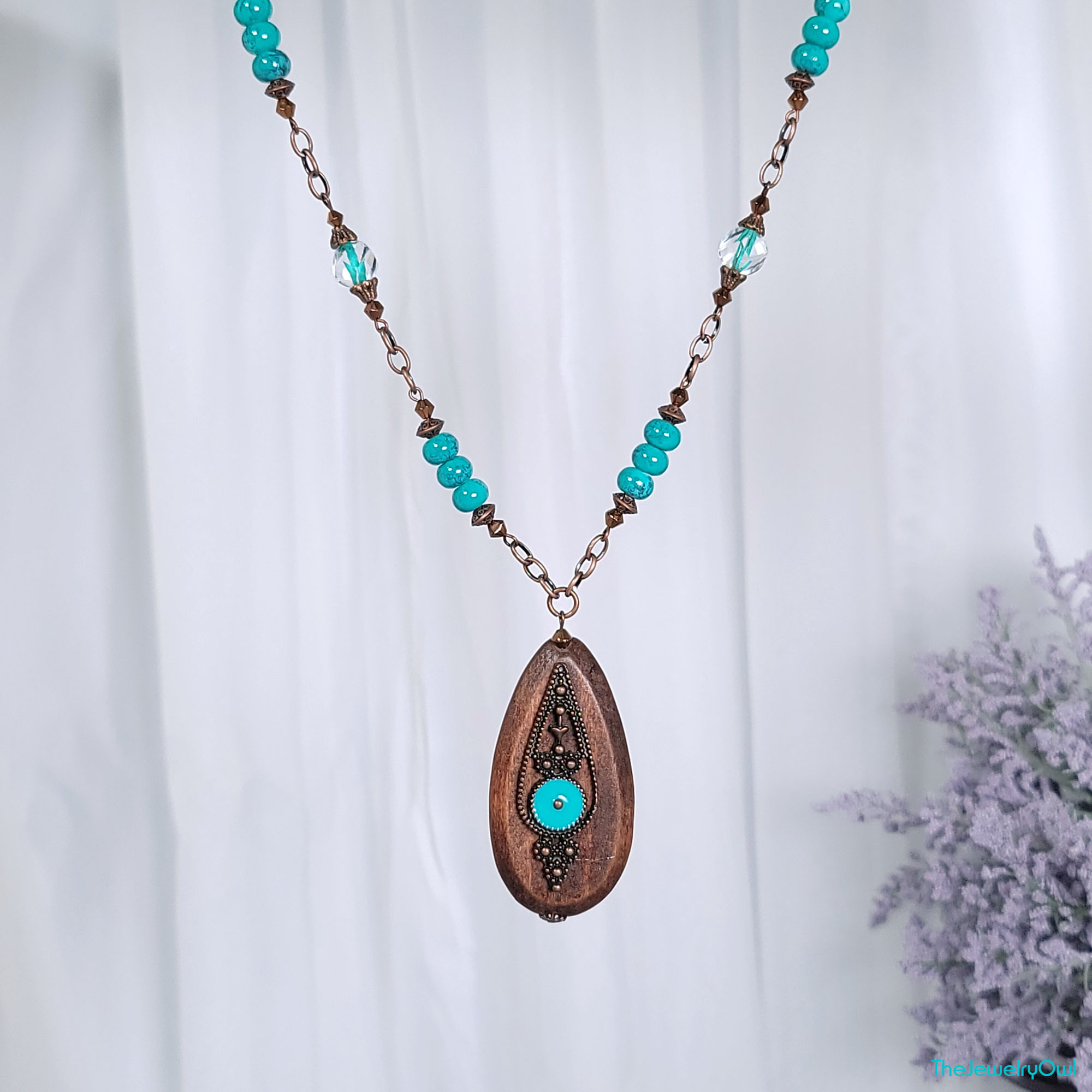 Turquoise and Brown Wood Pendant Necklace by The Jewelry Owl (thejewelryowl)