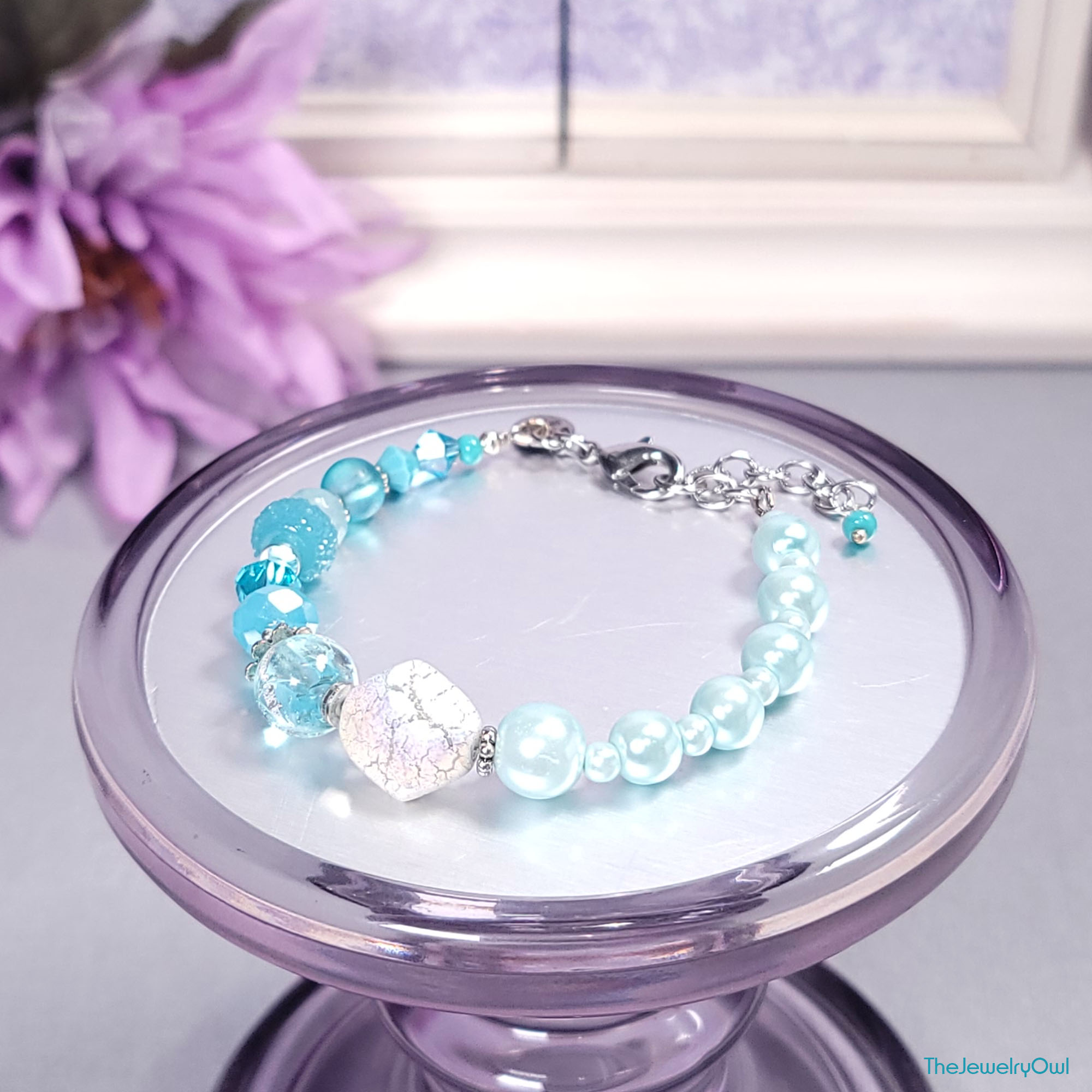 Aqua Blue Half and Half Glass Pearls Glass Beads Bracelet by The Jewelry Owl (thejewelryowl)