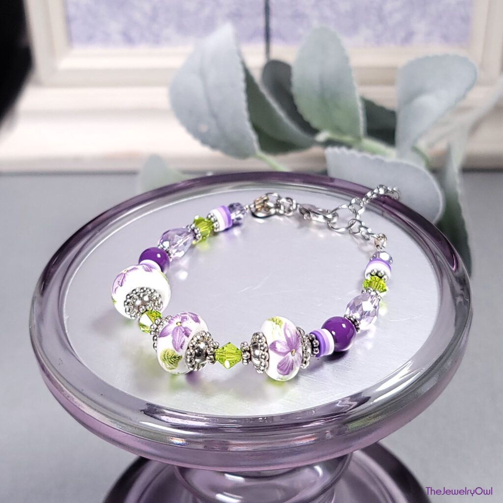 Purple and Green Flower Beaded Bracelet by The Jewelry Owl (thejewelryowl