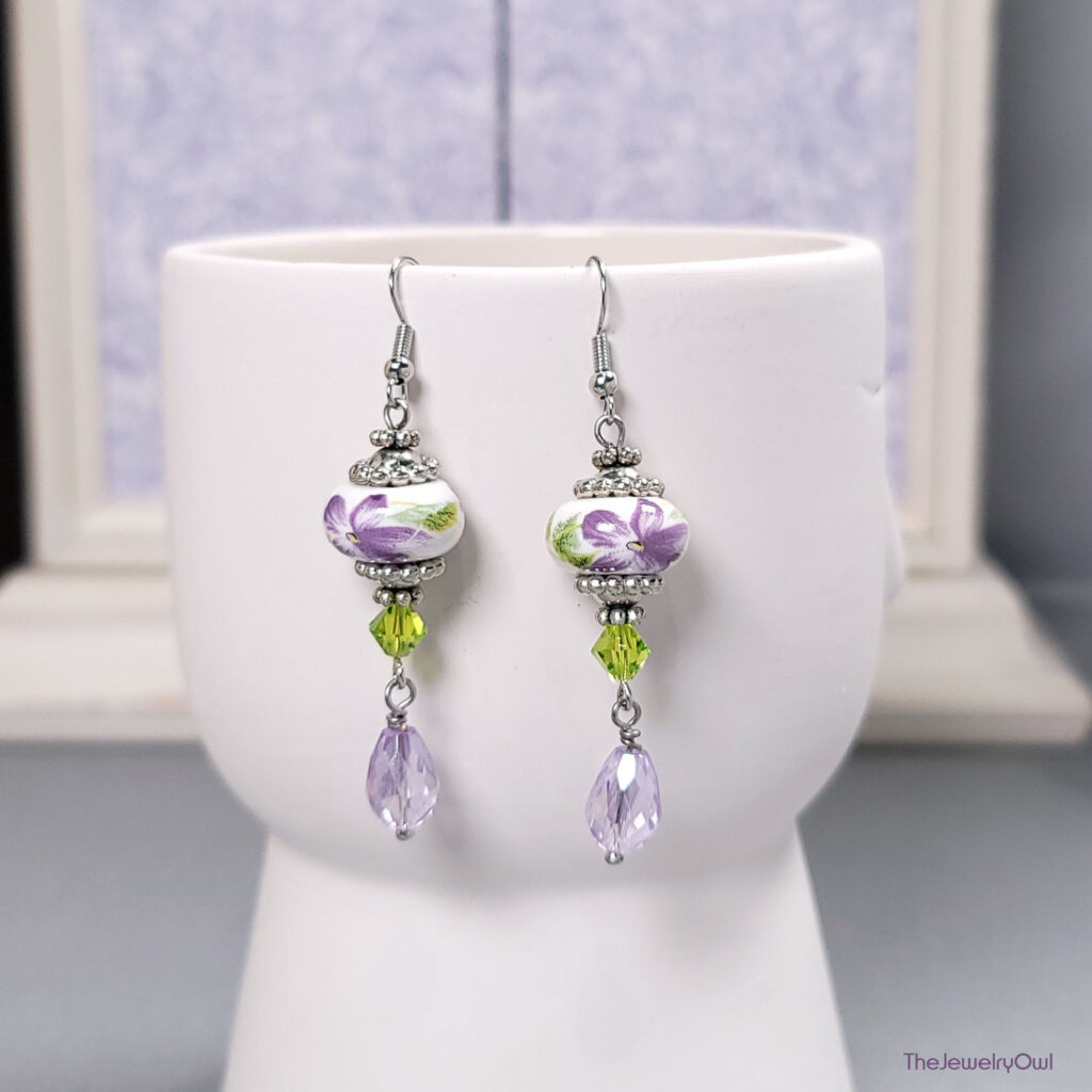 Purple and Green Flower Dangle Earrings by The Jewelry Owl (thejewelryowl)