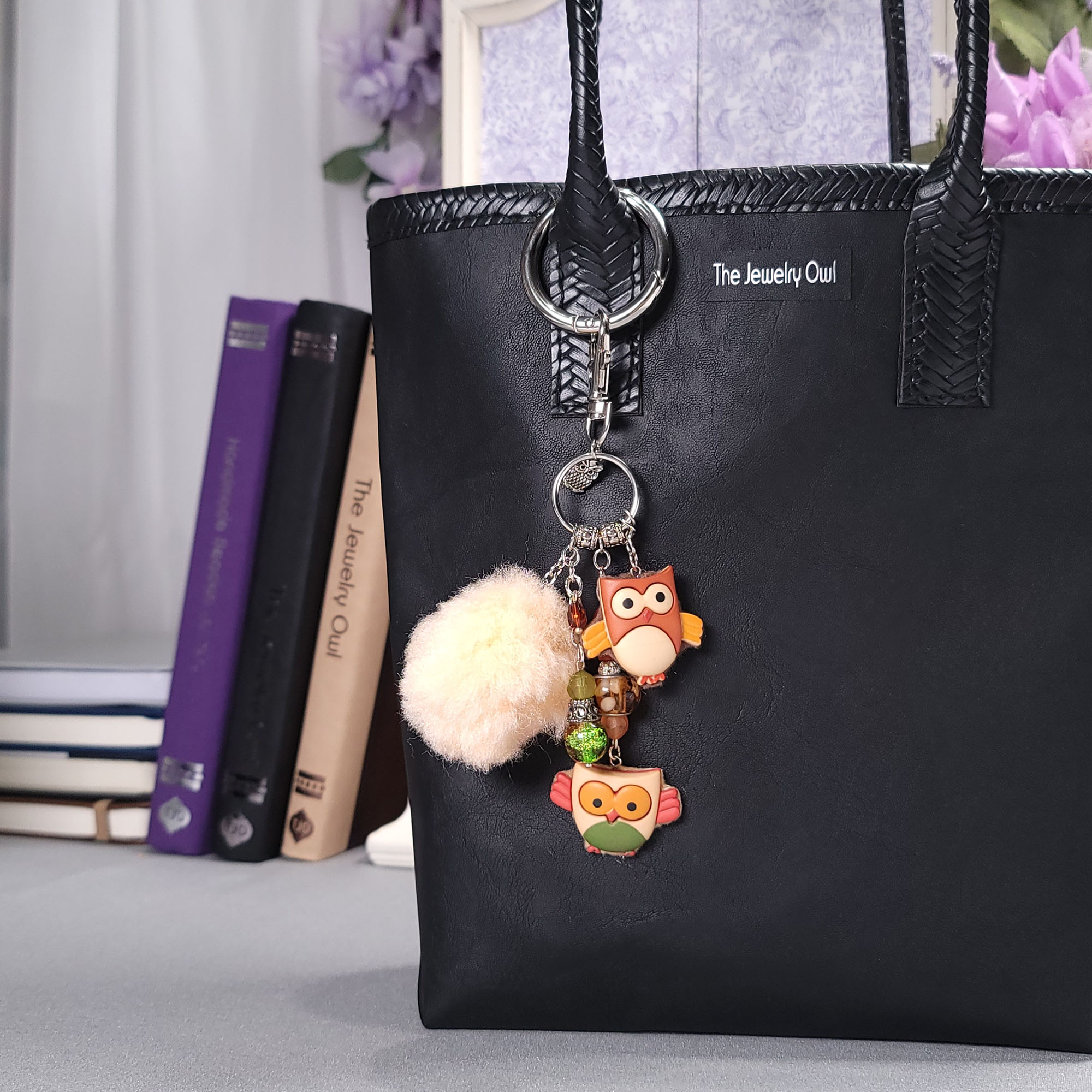 Owl Button Pom Pom Purse Dangle Charm by The Jewelry Owl (thejewelryowl)
