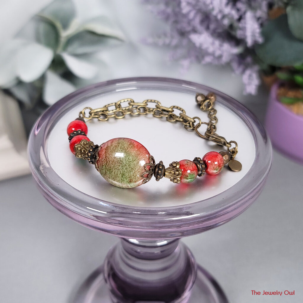 Antique Brass and Red Green Beaded Chain Bracelet by The Jewelry Owl (thejewelryowl)