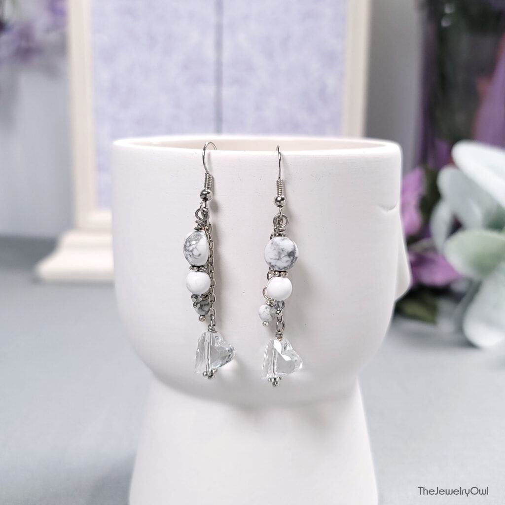 White Howlite Crystal Heart Dangle Earrings by The Jewelry Owl (thejewelryowl)