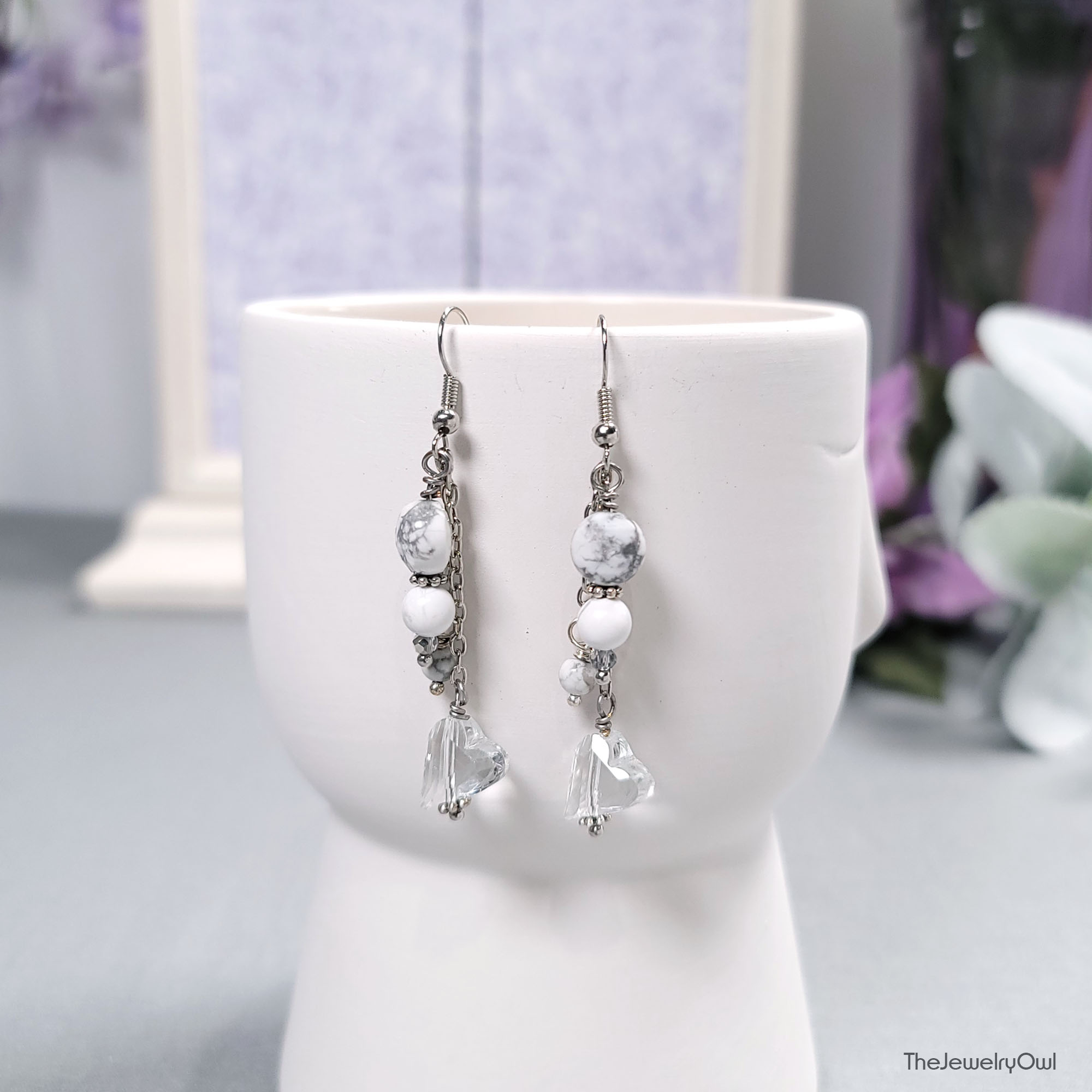 White Howlite Crystal Heart Dangle Earrings by The Jewelry Owl (thejewelryowl)
