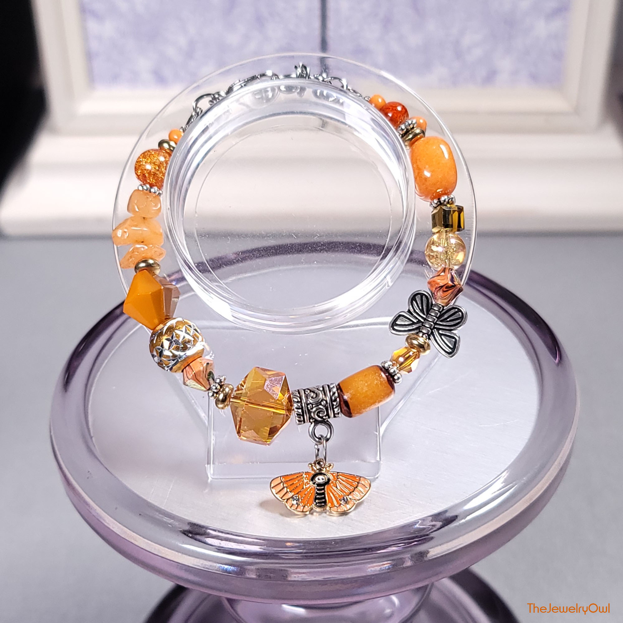 Orange Butterfly Beaded Charm Bracelet by The Jewelry Owl (thejewelryowl)