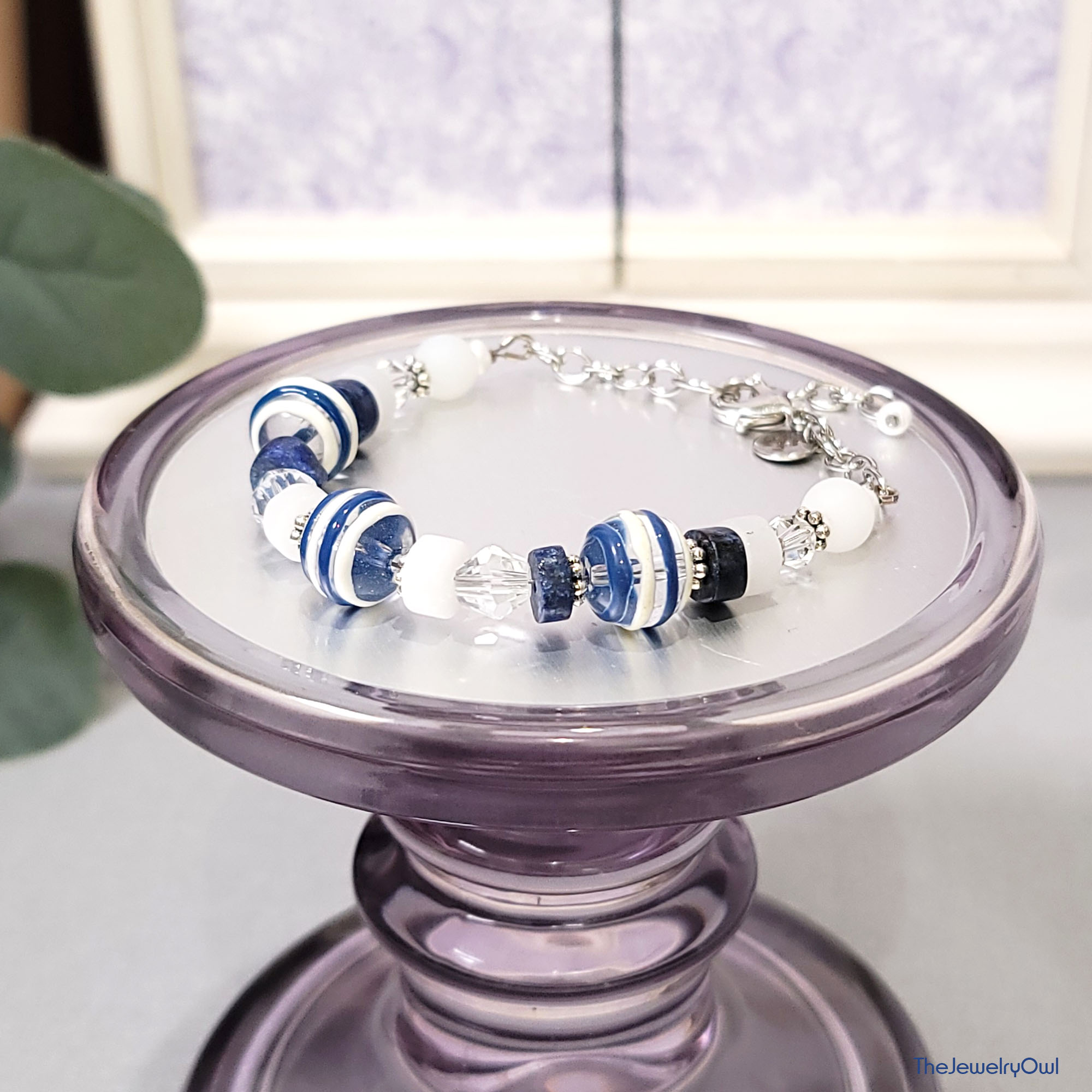 Blue and White Stripe Beaded Bracelet by The Jewelry Owl (thejewelryowl)