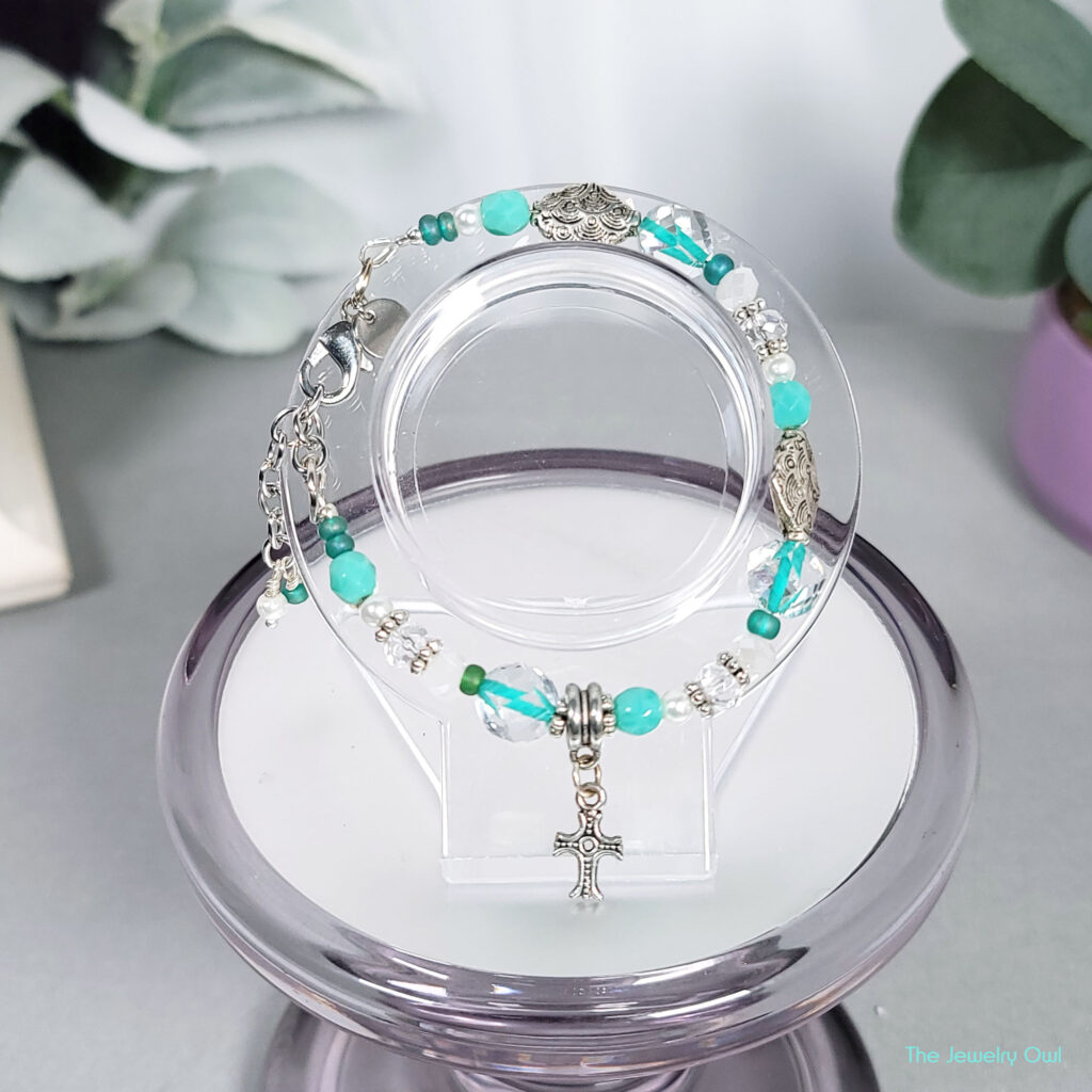 Green Turquoise Beaded Bracelet with Mini Crucifix by The Jewelry Owl (thejewelryowl)