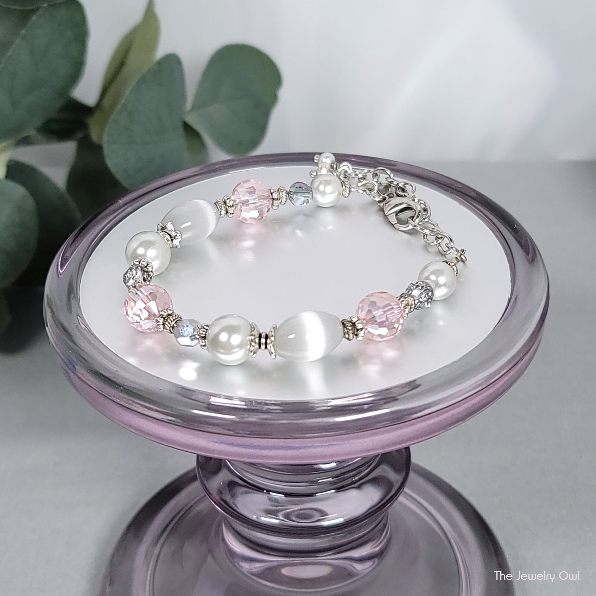 Gray Cat's Eye and Pink Crystal Beaded Bracelet by The Jewelry Owl (thejewelryowl)