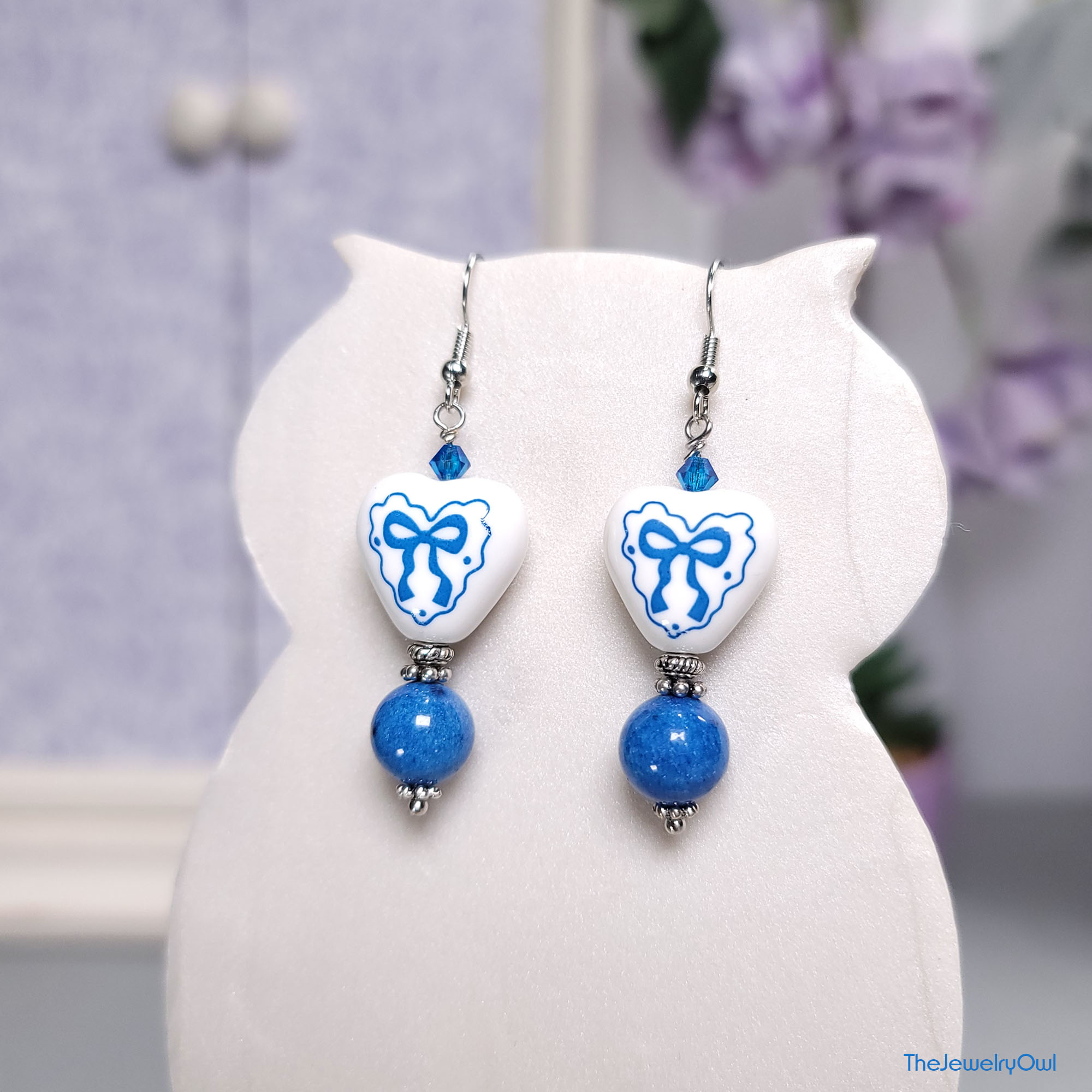 Blue Bow Heart Dangle Earrings