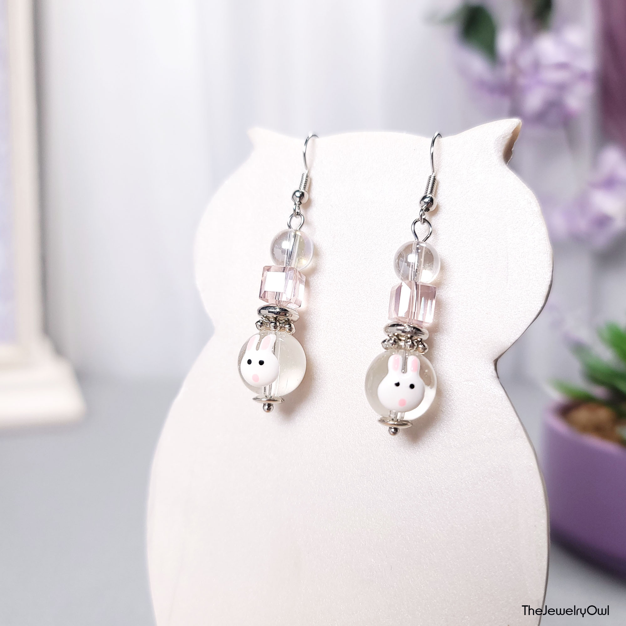 White Bunny Glass Bead Earrings by The Jewelry Owl (thejewelryowl)