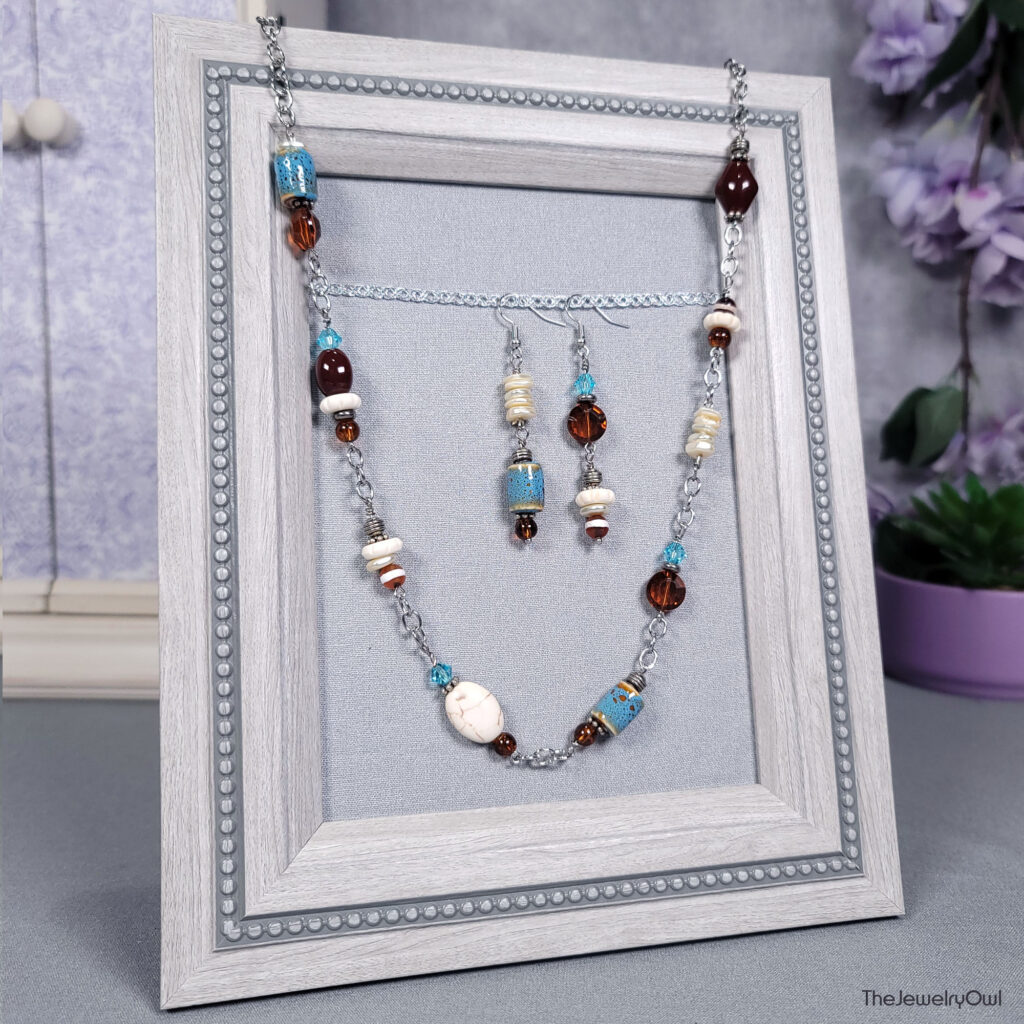 Brown and Blue Boho Necklace and Mismatch Earring Set by The Jewelry Owl (thejewelryowl)