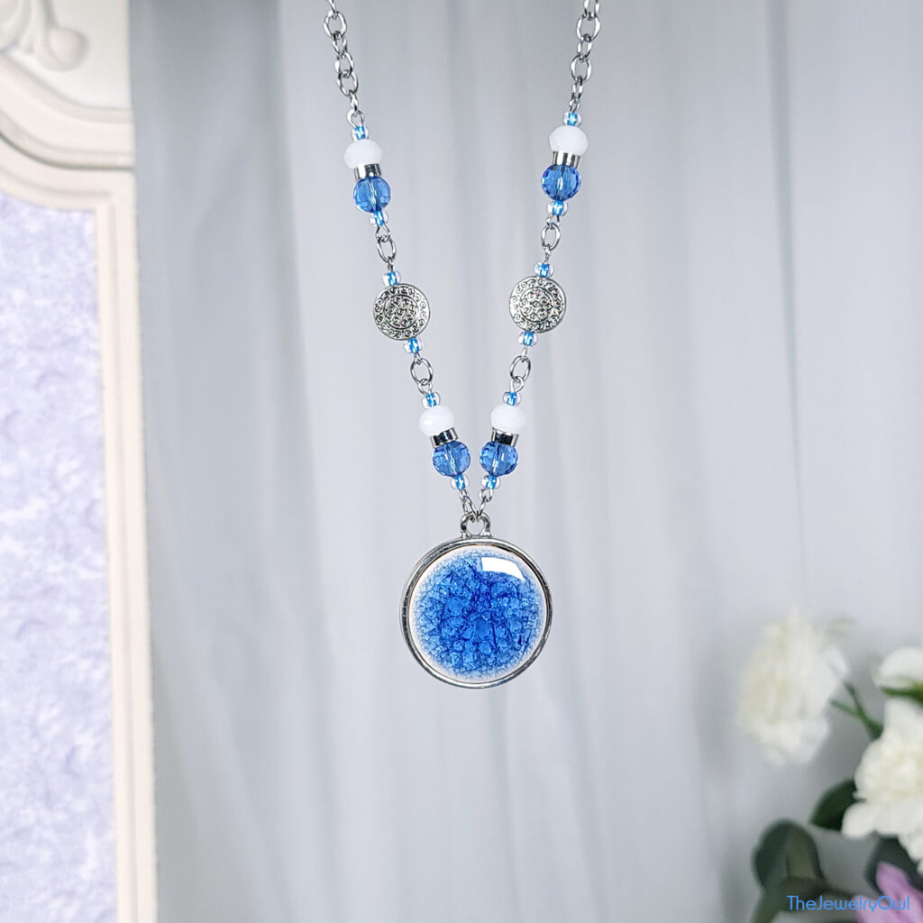 Blue Shattered Glass Pendant Bead and Chain Necklace by The Jewelry Owl (thejewelryowl)
