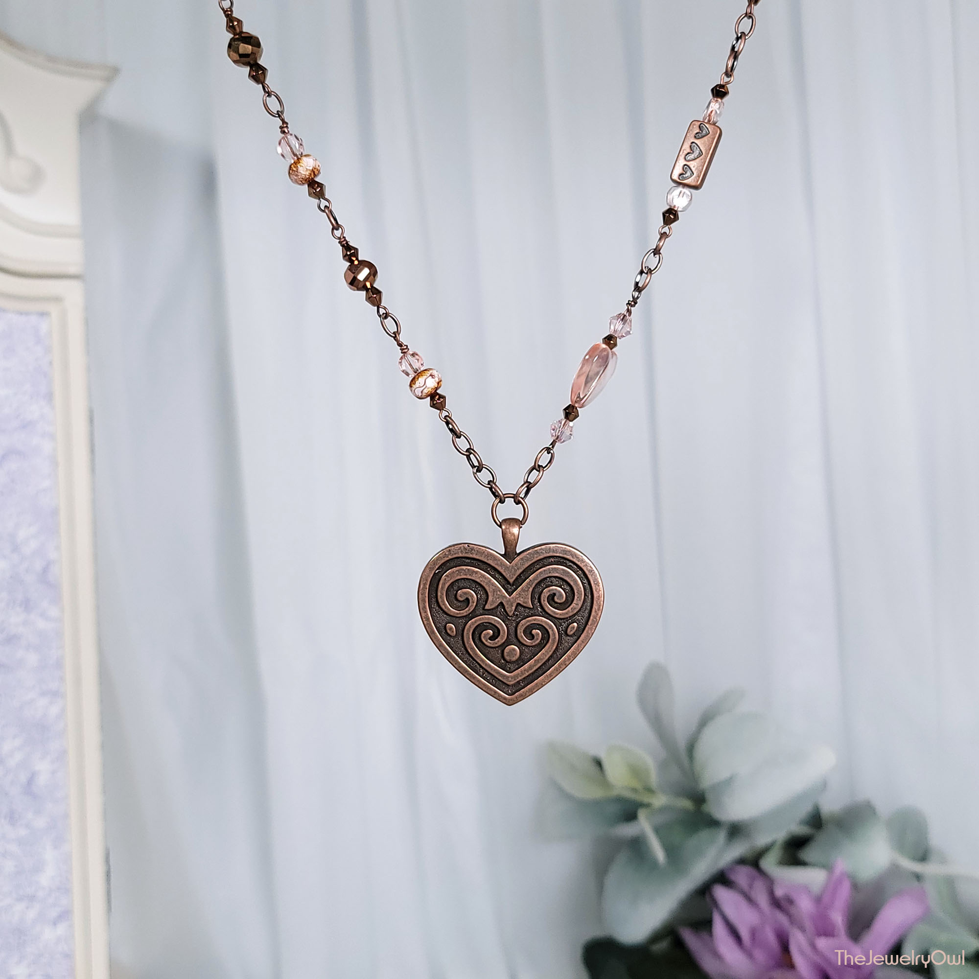 Bead and Chain Copper Heart Pendant Necklace by The Jewelry Owl (thejewelryowl)