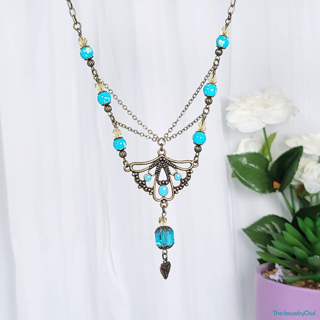 Antique Brass and Aqua Blue Bead and Chain Filigree Pendant Necklace by The Jewelry Owl (thejewelryowl)